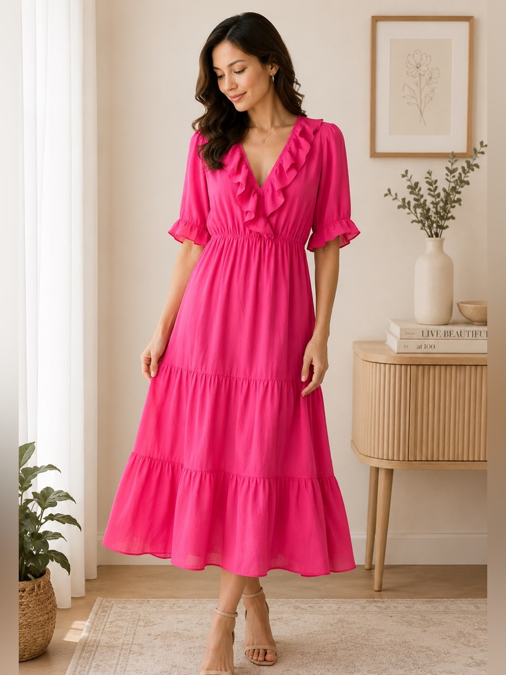 ZARA Hot Pink Ruffle Tiered Midi Dress Size S NWOT